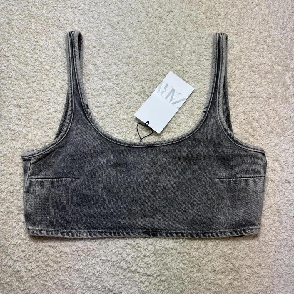 Zara Washed Black Denim Crop Top Bralette SMALL NWT